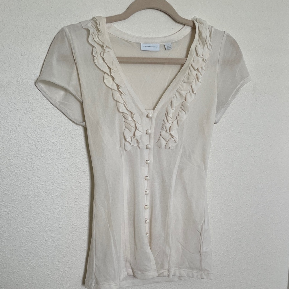 New York & Company Cream Ruffle V-Neck Button Front Blouse